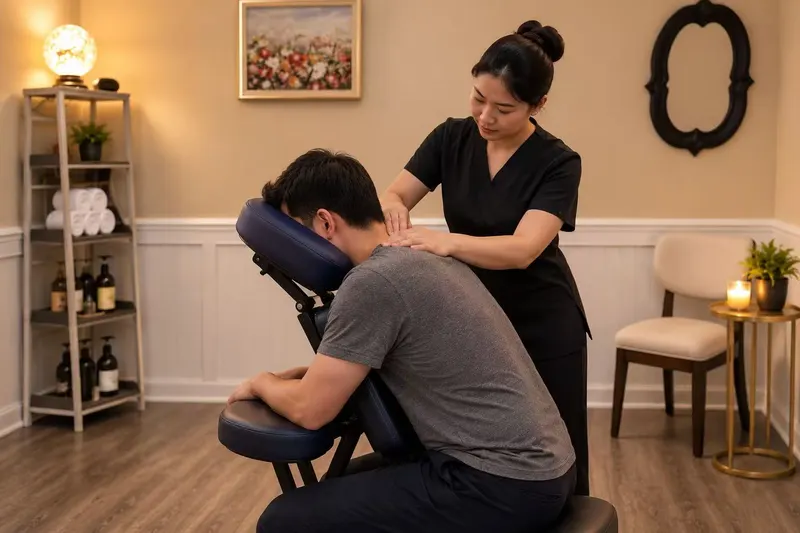 Therapist massaging a seated guest’s shoulders in a supported massage chair