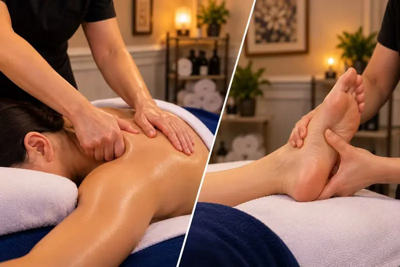 Body massage and foot massage shown together for a combination session