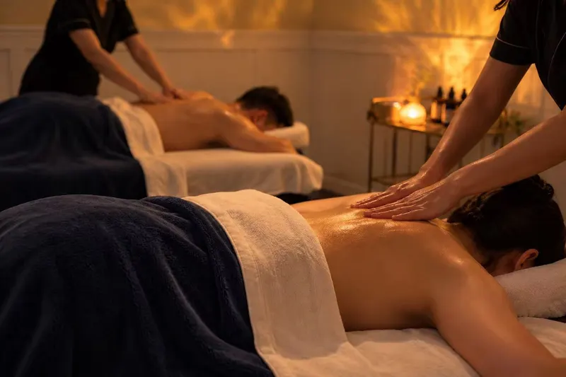 Two guests receiving massages side by side from two therapists