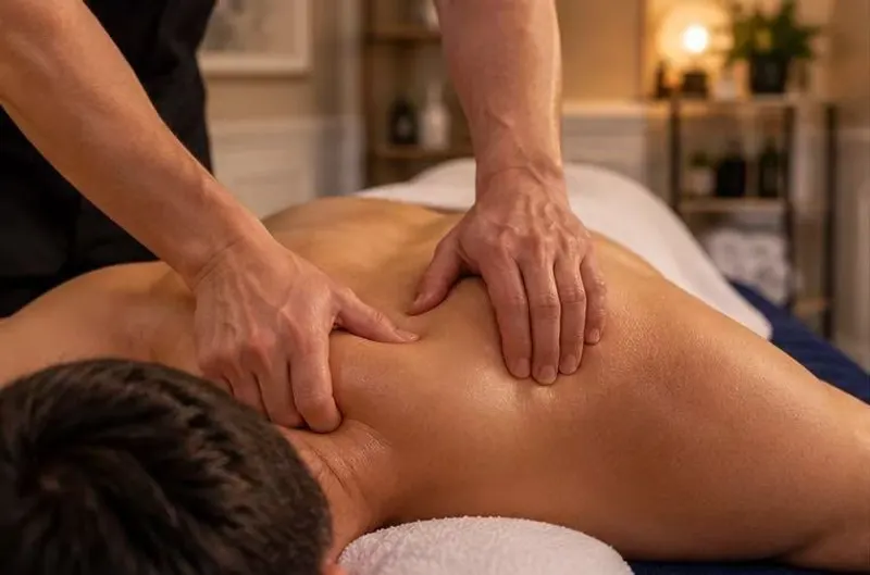 Therapist applying focused pressure to a guest’s upper back