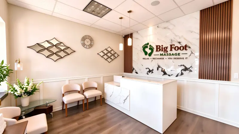 Bright, welcoming reception with the Big Foot Massage sign at our Murfreesboro studio