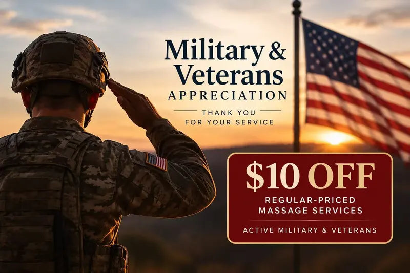 Saluting U.S. service member and American flag on Bigfoot Massage’s military and veterans appreciation offer