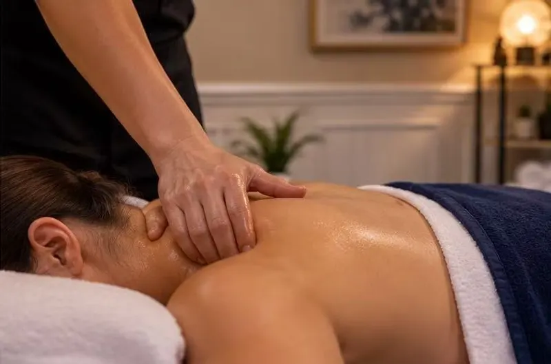 Therapist massaging a guest’s shoulders during a Swedish massage